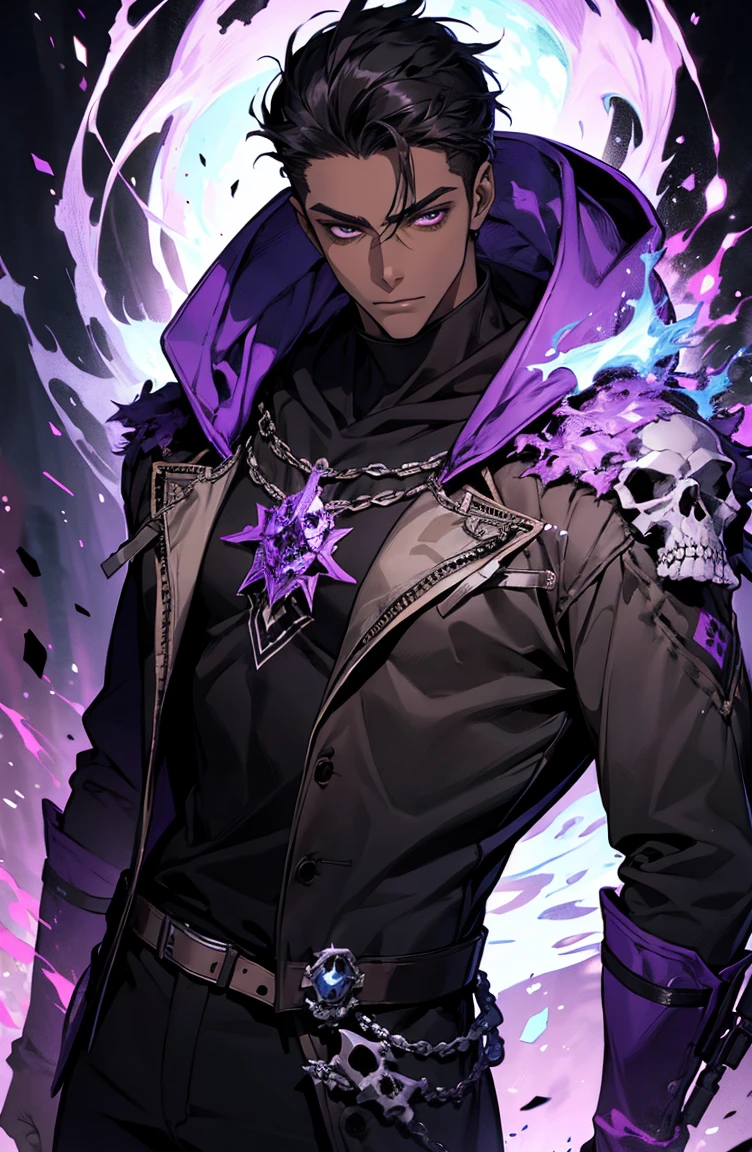 male with bones, looking away from camera, skulls, bones, handsome, black, dark skin, tall, broad shoulders, black hair, purple, purple fire, magic, detailed face, fantasy, hoodie