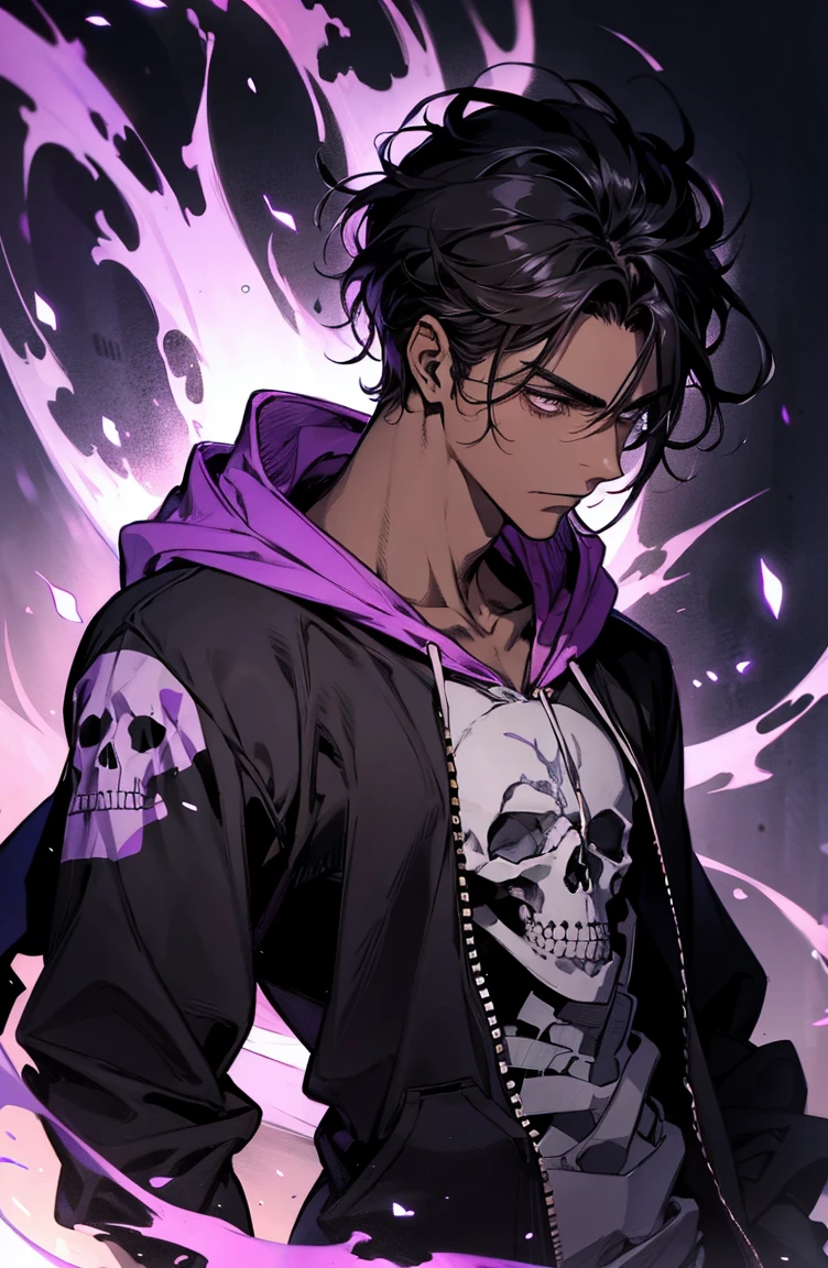 male with bones, looking away from camera, skulls, bones, handsome, black, dark skin, tall, broad shoulders, black hair, purple, purple fire, magic, detailed face, fantasy, hoodie