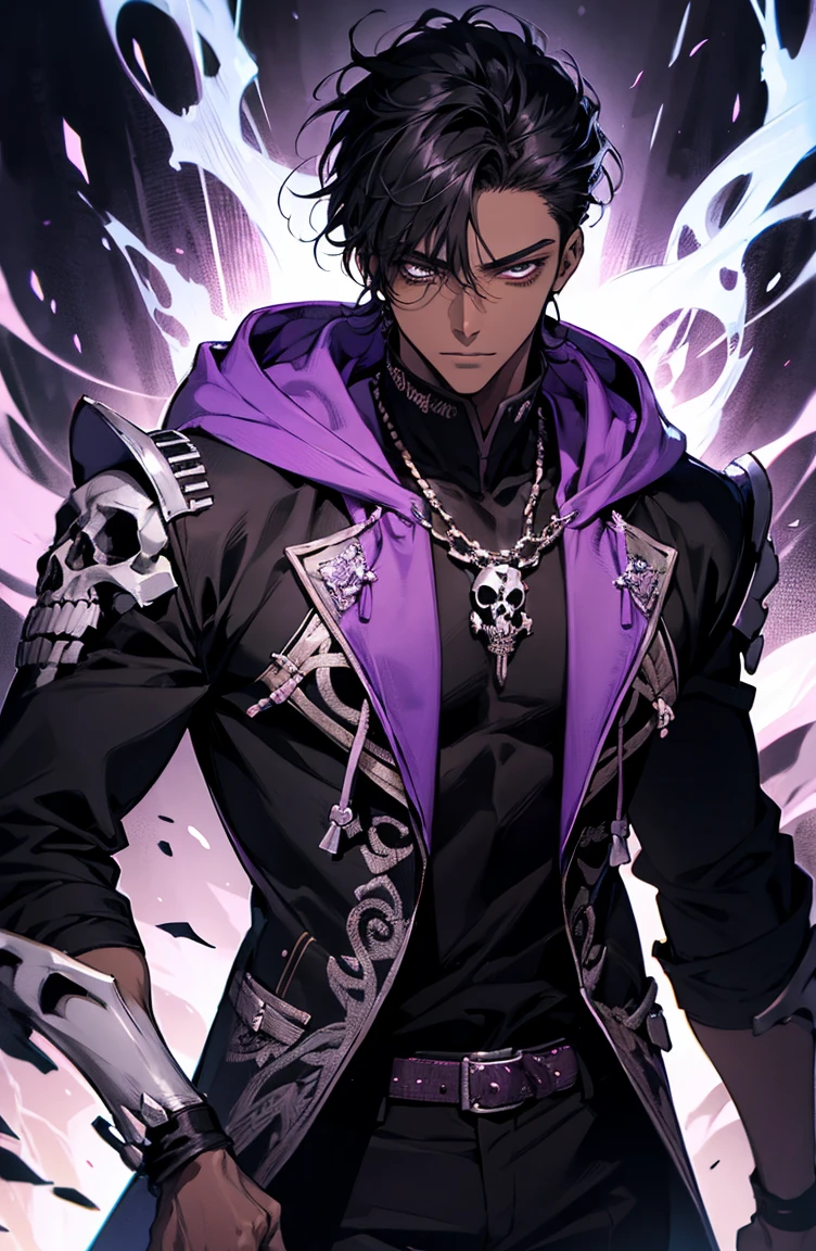 male with bones, looking away from camera, skulls, bones, handsome, black, dark skin, tall, broad shoulders, black hair, purple, purple fire, magic, detailed face, fantasy, hoodie