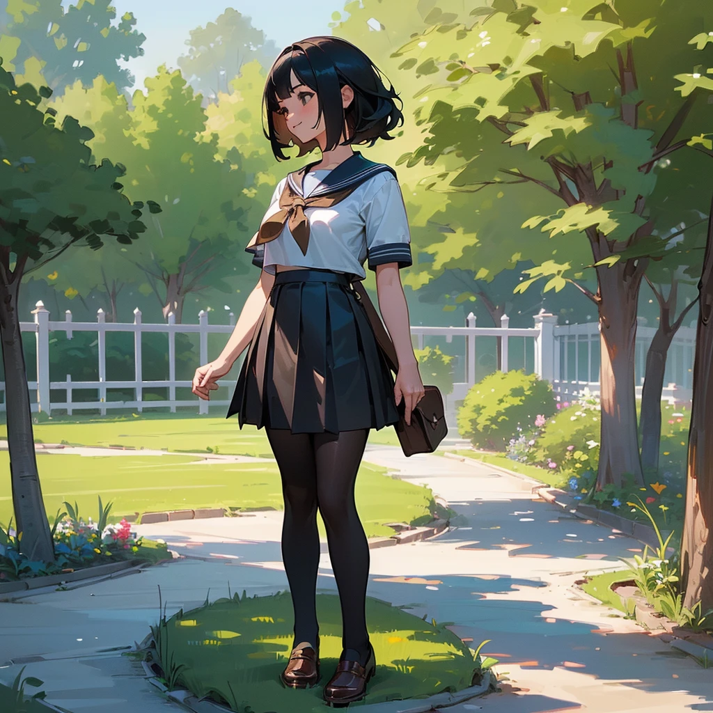 (Highest quality, High resolution, Super detailed, Realistic:1.37), Peaceful atmosphere, (Outdoor, garden), Teenage girl standing alone,(my breasts are big.),Beautifully detailed features, Cute Smile, ((Black bob hair)),Short-sleeved sailor uniform, Pleated skirt,Black tights,Brown leather shoes.