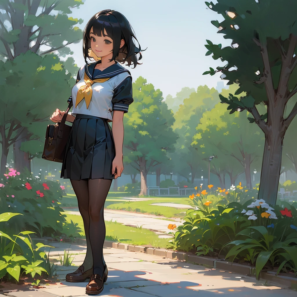 (Highest quality, High resolution, Super detailed, Realistic:1.37), Peaceful atmosphere, (Outdoor, garden), Teenage girl standing alone,(my breasts are big.),Beautifully detailed features, Cute Smile, ((Black bob hair)),Short-sleeved sailor uniform, Pleated skirt,Black tights,Brown leather shoes.