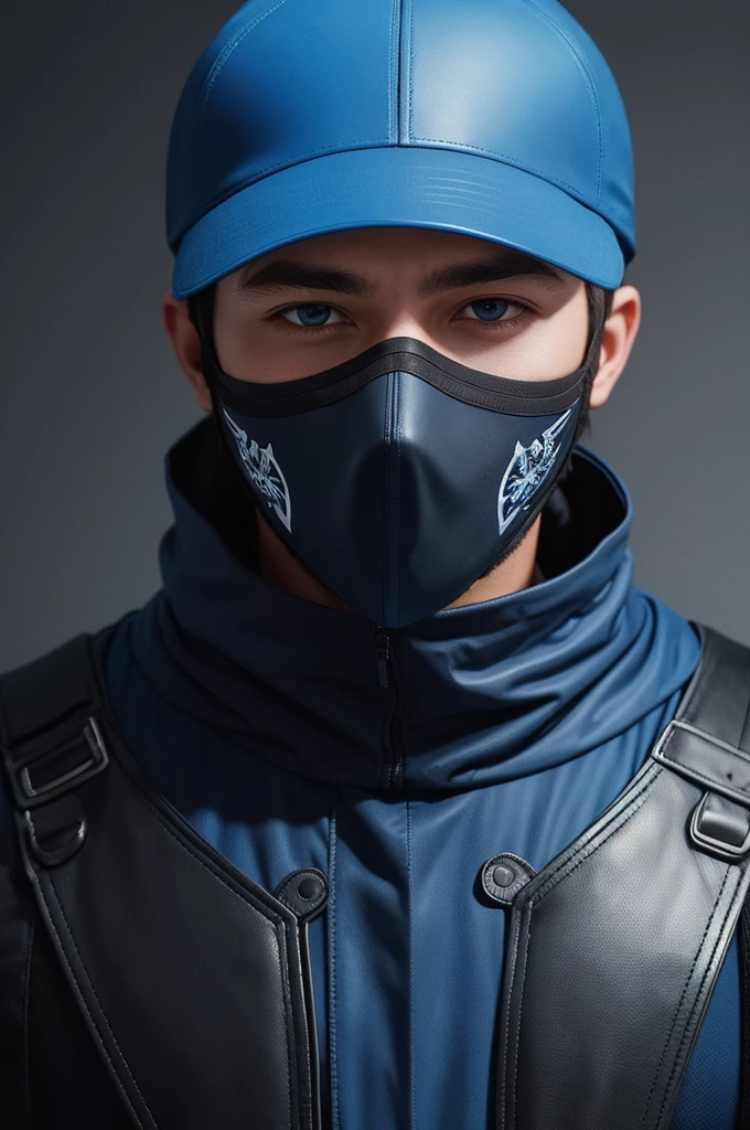 A man with a blue backwards hat and a black mask with blue covering his entire face,and a black breastplate 