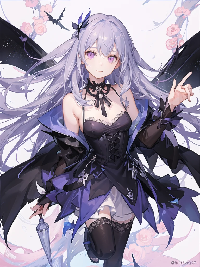 girl,full body,(detailed face:1.2), Masterpiece, fashion,black dress,, medium hair, light pink purple hair, purple pink eyes,มีปีกbat,white background,Vtuber,Full HD,bat,Long hair braided in the back,Shoulder length facial hair,purple highlighted hair color,There is a black choker on the neck..,full body,soft smile,ชุดมีลายดาวสีเหลืองและลายเงาbat.,ปีกbatสีดำทึบติดอยู่ที่ศีรษะทั้งซ้ายและขวา,มีพลังเป็นค้างความสีม่วง