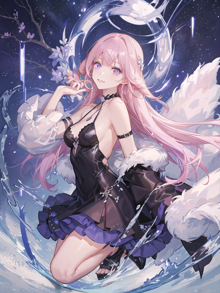 girl,full body,(detailed face:1.2), Masterpiece, fashion,black dress,, medium hair, light pink purple hair, purple pink eyes,มีปีกbat,white background,Vtuber,Full HD,bat,Long hair braided in the back,Shoulder length facial hair,purple highlighted hair color,There is a black choker on the neck..,full body,soft smile,ชุดมีลายดาวสีเหลืองและลายเงาbat.,ปีกbatสีดำทึบติดอยู่ที่ศีรษะทั้งซ้ายและขวา,มีพลังเป็นค้างความสีม่วง