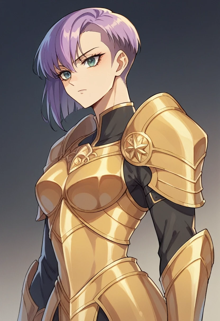 beautyfull woman, phoenyx armor from Saint Seiya, sidecut hair, sidecut lilac hair, golden armor, gothic