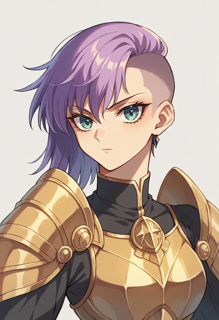 beautyfull woman, phoenyx armor from Saint Seiya, sidecut hair, sidecut lilac hair, golden armor, gothic