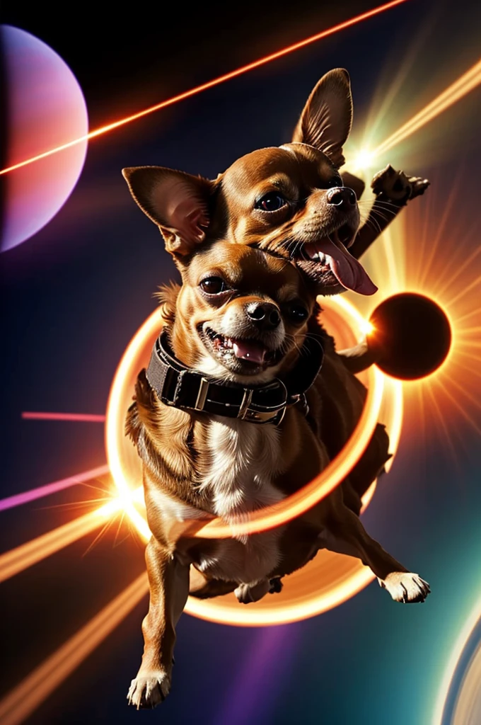 A Chihuahua dog with giant fangs destroying Saturn with laser rays from its eyes