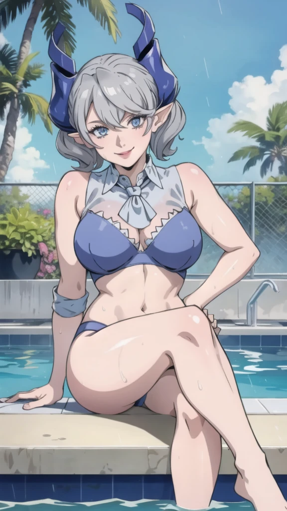 　High level image quality　best image quality　8K　 adult woman    pool party  rain　palm trees  more colors   whole body view　portrait　 bikini   　horn    ears  　short hair（（shortcut）（gray hair）（perm）（fluffy））　eye color is blue ,  , 　attractive evil face , smile   ,  sexy pose   ,  labrynth ,  barearm    , wearing pink shirt    , sitting on person by the pool , crossed legs  , all wet , wet hair 