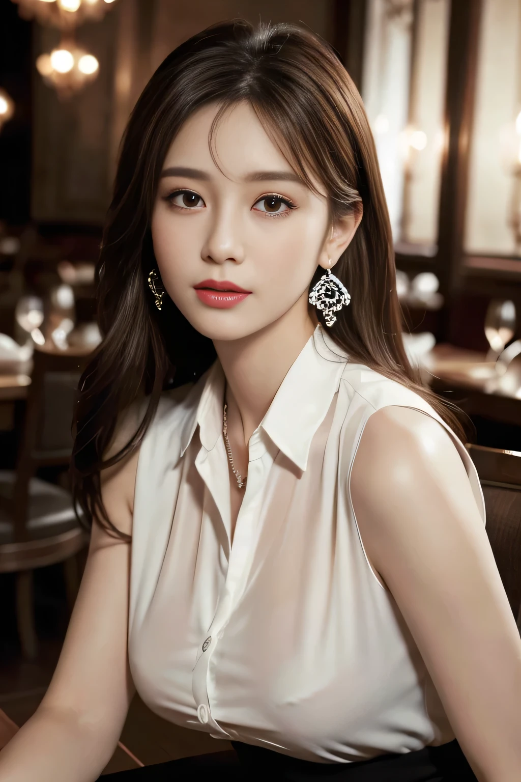 masterpiece, Highest quality, Realistic, Very detailed, Finer details, High resolution, 8k wallpaper, One beautiful woman, Wear an elegant white see-through shirt, In a great restaurant, At night, Light brown messy hair, Perfect dynamic composition, Beautiful and beautiful eyes、Big earrings、Sit on a chair、Sleeveless shirt、
