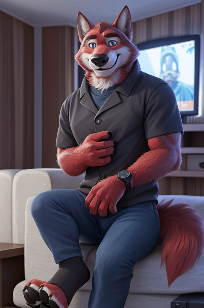 Ivan Fedorovich Wolfbach (Novosibirsk) ,tall handsome, wolf,young, 24 years, brown fur,Kind,(red body:1.3),beautiful blue eyes,Novosibirsk,dressed, house,mother, jeans,socks,canine, wolf, detailed fur, male, second, paw pads, finger claws,At the viewer, 5 fingers, paws, 5 fingers, smile, wrist watch, т nextel,by xenoforge, (difficult, high detail, digital photography, soft focus, RAW variety houseа, apartment,TV,wall,TV,Very close to the camera, variety,Novosibirsk, smile, good mood, positive, Very close to the camera,
Photorealism, realistic, photorealistic, digital style, Subsurface scattering,I look at the viewer,is sitting, looks at the mirror, men's cosmetics, perfume smells,
masterpiece, Best quality, ultra realistic, 8 thousand.)