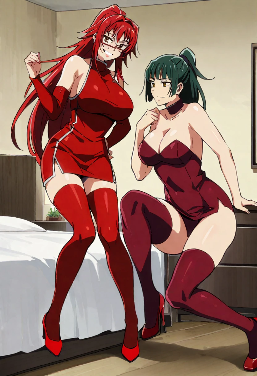 2female,multiple characters,2 girl, red tight dress, red stockings,red heels,red arm stockings,, bedroom on background, smiling,large , perfect body, full body, smiling, red tight dress, rias gremory, maki zenin 