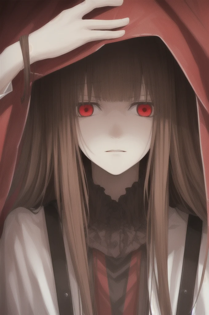 woman, long straight light brown hair, red eyes, with old clothes, dark inhabitant of terror, alone, scary face