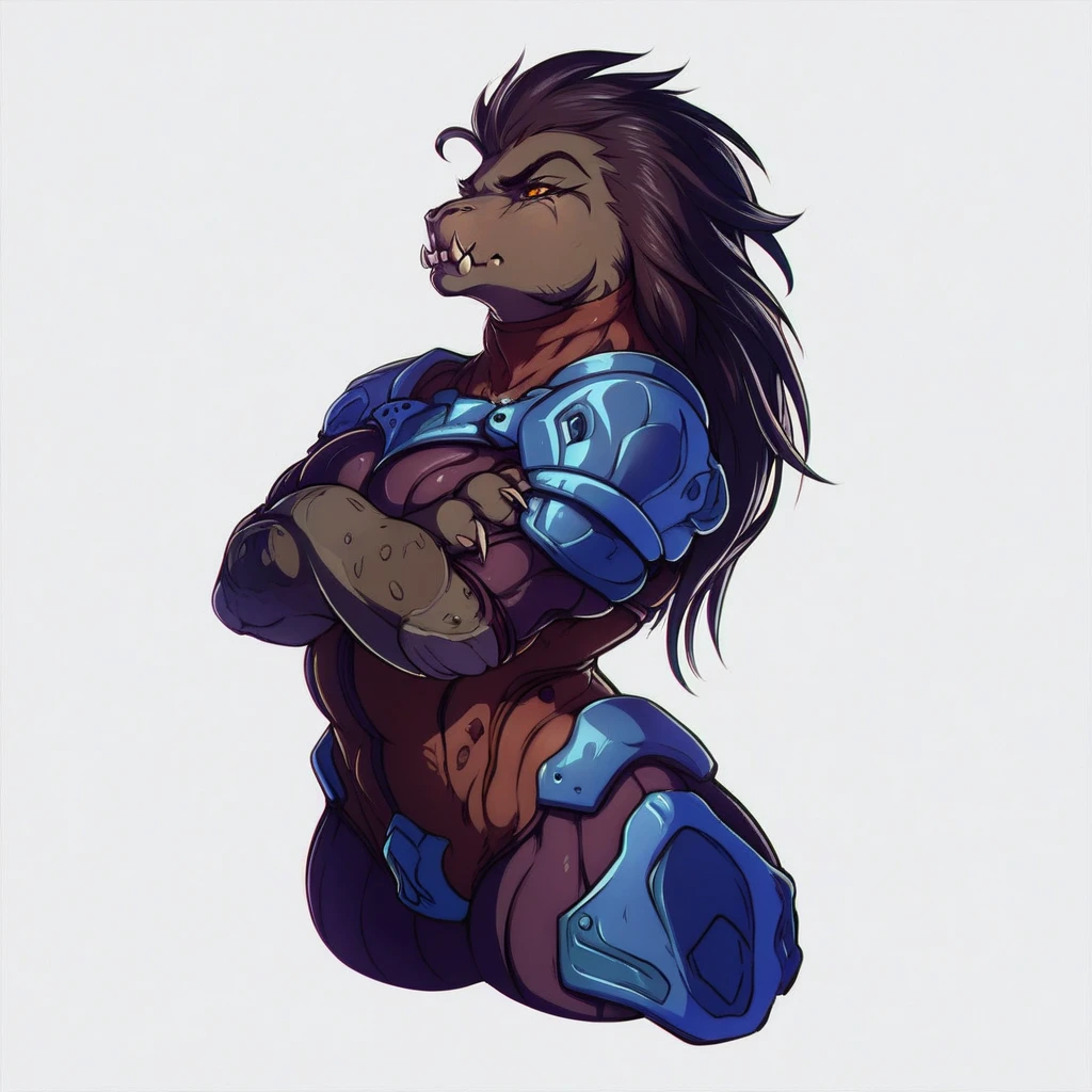 score_9, score_8_up, score_7_up, score_6_up, score_5_up, score_4_up,
1girl,
solo,
female,
furry,
furry female,
anthro,
alien, dark purple messy long hair,
muscular,
countershading,
detailed soft,
source_furry,
face,
teeth,
claws,
muscular female,
big tits, blue armor
simple background,
white background,
crossed arms, eyes looking upward, sad expression