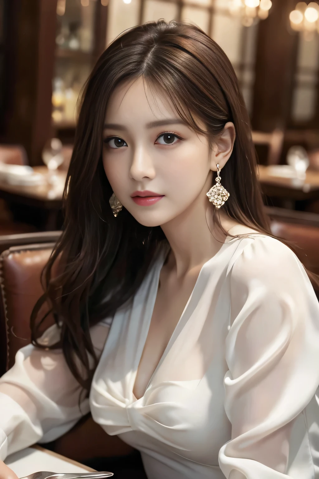 masterpiece, Highest quality, Realistic, Very detailed, Finer details, High resolution, 8k wallpaper, One beautiful woman, Wear an elegant white see-through blouse, In a great restaurant, At night, Light brown messy hair, Perfect dynamic composition, Beautiful and beautiful eyes、Big earrings、Sit on a chair、