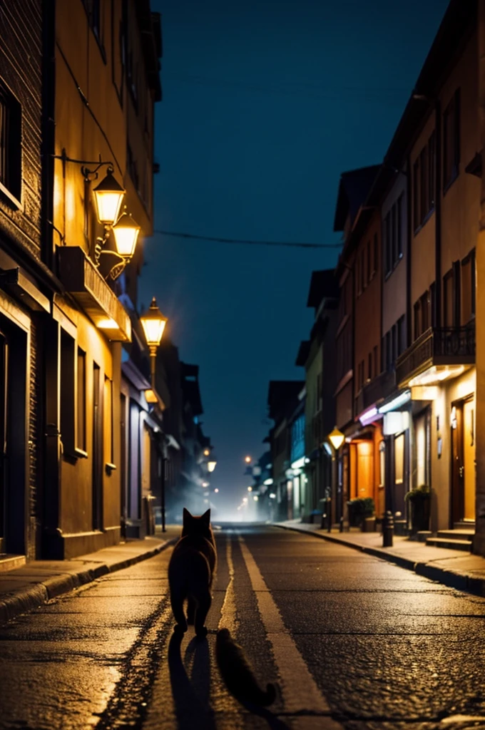 A cat with dark multi-colored fur walking down the street at dusk, The streets are empty, it is night, you can see the cold mist that emanates from the atmosphere.