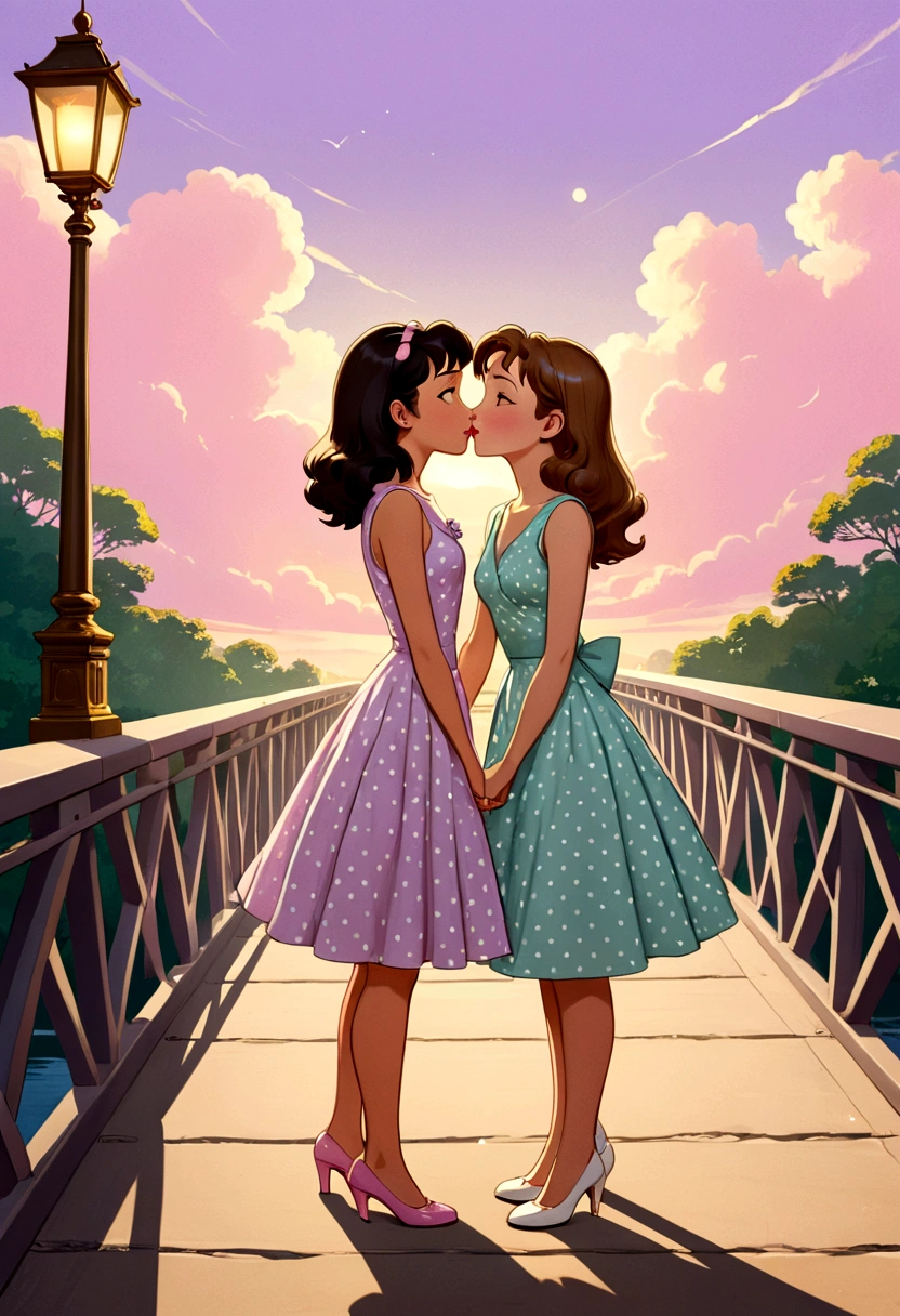 Name "The Loyal Pin (Sarocha Chankimha & Rebecca Armstrong)" in an elegant and dynamic font written in 3D. A captivating and tender anime-style illustration of two women, in love, standing on a beautiful bridge, facing each other. The first woman is a beautiful young woman with British features (Anin), semi-long light brown hair held on one side by a delicate barrette, and she is wearing a 1950s-style sleeveless dress in lilac with small white polka dots and low heels. She is about to mischievously kiss the second woman, a beautiful young woman with Asian features (Pin), dark brown hair, and is dressed in a pastel pink 50s-style sleeveless dress and low-heeled shoes. She seems to stay still, surprised and shy by the kiss they are about to give her.