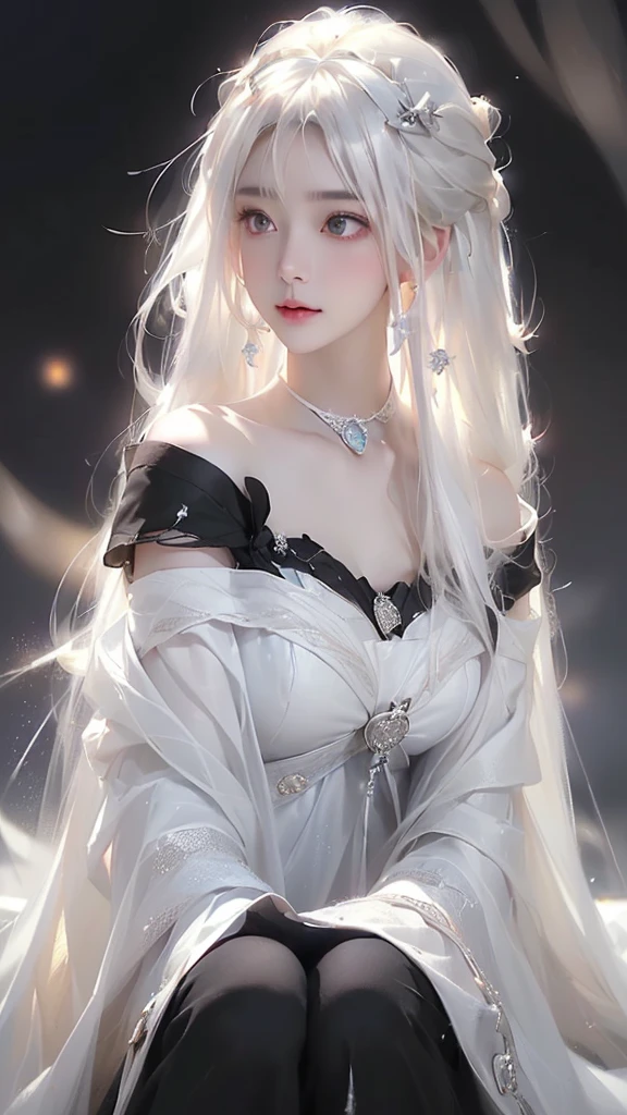 (((From this knee up)), Night view, Stella, (((masterpiece:1.5, detailed:1.4)), top view, Backlight, A fantastic atmosphere envelopes this ancient city as this sun sets。At this center of this magical moment is a woman、(White-haired girl:1.5)and、Her beautiful hair、(Backlight)A shimmering white waterfall flows down from below.。Exudes mysterious charm、Suspended particles bloom in this surrounding air、Her beauty、(Beautiful white and shining skin:1.3)Exudes a mysterious glow。this((A dress as black as this night sky))It is beautiful and decorated、The off-shoulder design makes the overall look more feminine.