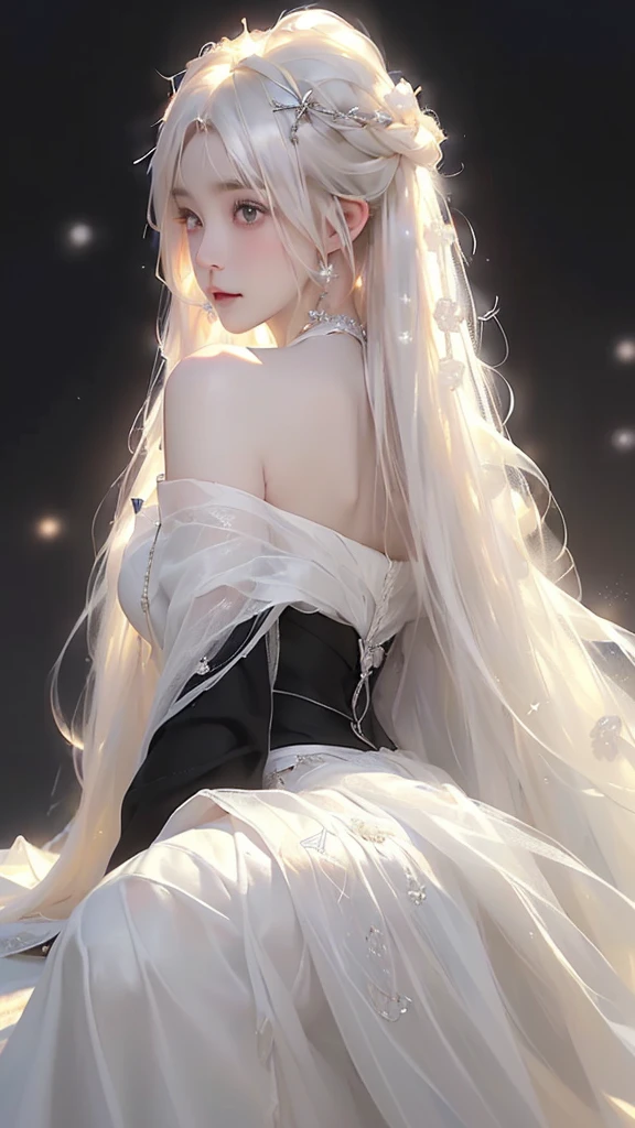 (((From this knee up)), Night view, Stella, (((masterpiece:1.5, detailed:1.4)), top view, Backlight, A fantastic atmosphere envelopes this ancient city as this sun sets。At this center of this magical moment is a woman、(White-haired girl:1.5)and、Her beautiful hair、(Backlight)A shimmering white waterfall flows down from below.。Exudes mysterious charm、Suspended particles bloom in this surrounding air、Her beauty、(Beautiful white and shining skin:1.3)Exudes a mysterious glow。this((A dress as black as this night sky))It is beautiful and decorated、The off-shoulder design makes the overall look more feminine.