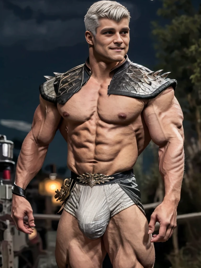Photorealistic, Hero Super Bulge, ((best quality)), ((masterpiece)), (detailed),masculine portrait of a hero with the power of bulge, (Hero outfit), smile, 18-year-old male models, handsome, tall, manly looking, bearded, powerful, young male, handsome model, light green eyes, short hair, buzz cut, (short curly messy silver white hair:1.2), messy curly hair, muscular, fit, six pack, torn hero outfit, hairy barechested, half naked, bulge, ripped, night, (Dark city background:1.6) 8k, high detailed, ultra-detailed, Stylish Pose, real skin texture, dark cinematic lighting