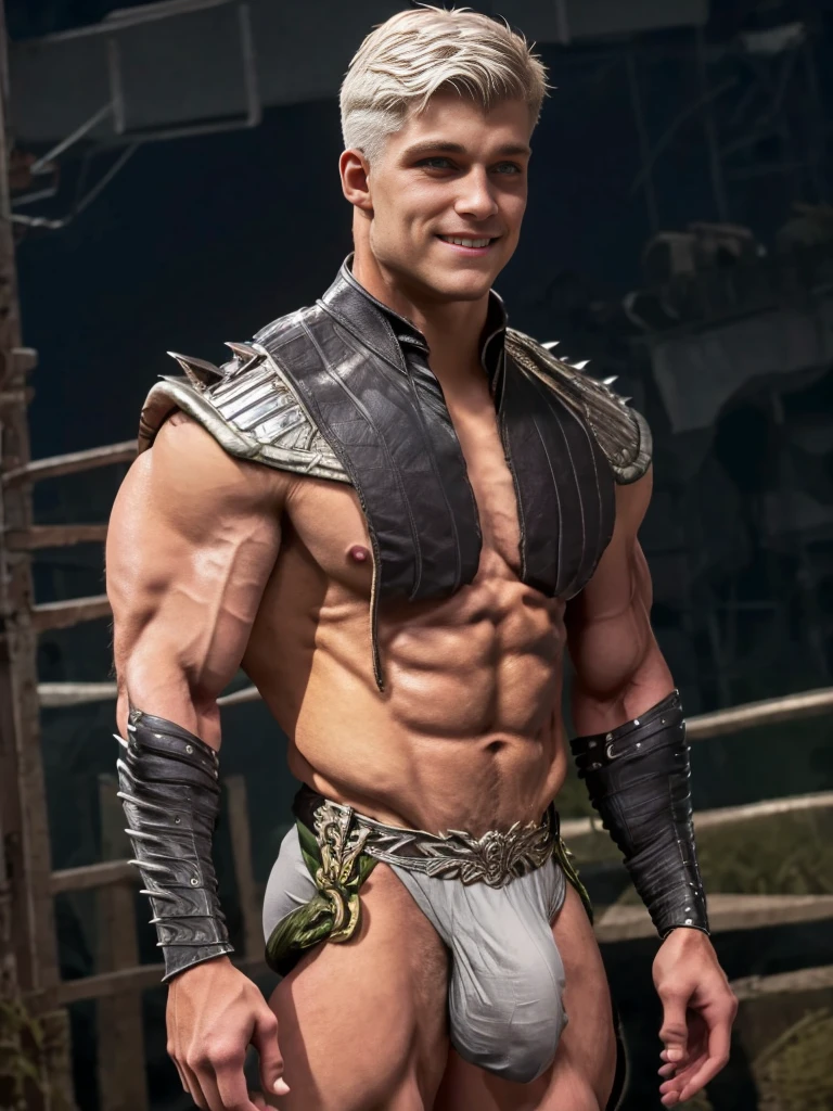 Photorealistic, Hero Super Bulge, ((best quality)), ((masterpiece)), (detailed),masculine portrait of a hero with the power of bulge, (Hero outfit), smile, 18-year-old male models, handsome, tall, manly looking, bearded, powerful, young male, handsome model, light green eyes, short hair, buzz cut, (short curly messy silver white hair:1.2), messy curly hair, muscular, fit, six pack, torn hero outfit, hairy barechested, half naked, bulge, ripped, night, (Dark city background:1.6) 8k, high detailed, ultra-detailed, Stylish Pose, real skin texture, dark cinematic lighting