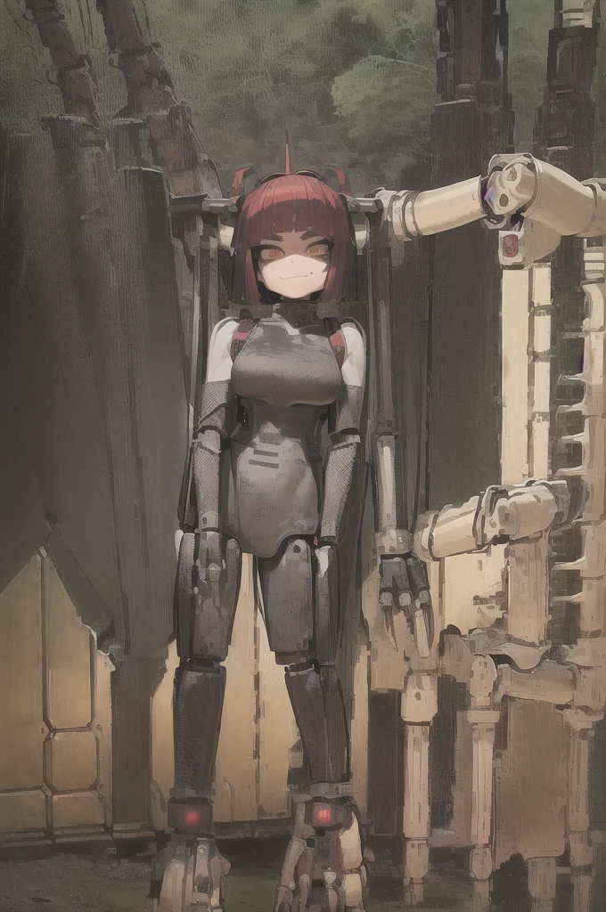 ((masterpiece, best quality)), (((1 girl))), ((((solo)))), (((female focus))), (Furry), ((Anime art style)), (((Singular red horn on the left side of her head))), ((half human/half snake hybrid female)), ((sexy pose)), (((Messy bob-cut with bangs))), (((big eyebrows))), (()) (((Cute snake eyes))), ((((((mechanical limbs attached to limbless female body)))))), (((mechanical exo-suit with harness)))