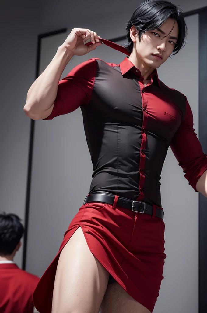 naughty man, Bblack hair, red dress shirt, Ambitious, competitive