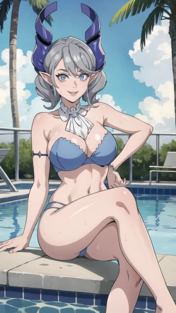 　High level image quality　best image quality　8K　 adult woman    pool party  rain　palm trees  more colors   whole body view　portrait　 bikini   　horn    ears  　short hair（（shortcut）（gray hair）（perm）（fluffy））　eye color is blue ,  , 　attractive evil face , smile   ,   pose   ,  labrynth ,  barearm    , wearing pink shirt    , sitting on person by the pool , crossed legs  , all wet , wet hair 