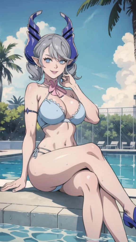 High level image quality best image quality 8K adult woman pool party rain palm trees more colors whole body view portrait bikini horn ears short hair((shortcut)(gray hair)(perm)(fluffy)) eye color is blue , , attractive evil face , smile , sexy pose , labrynth , barearm , wearing pink shirt , sitting on person by the pool , crossed legs , all wet , wet hair