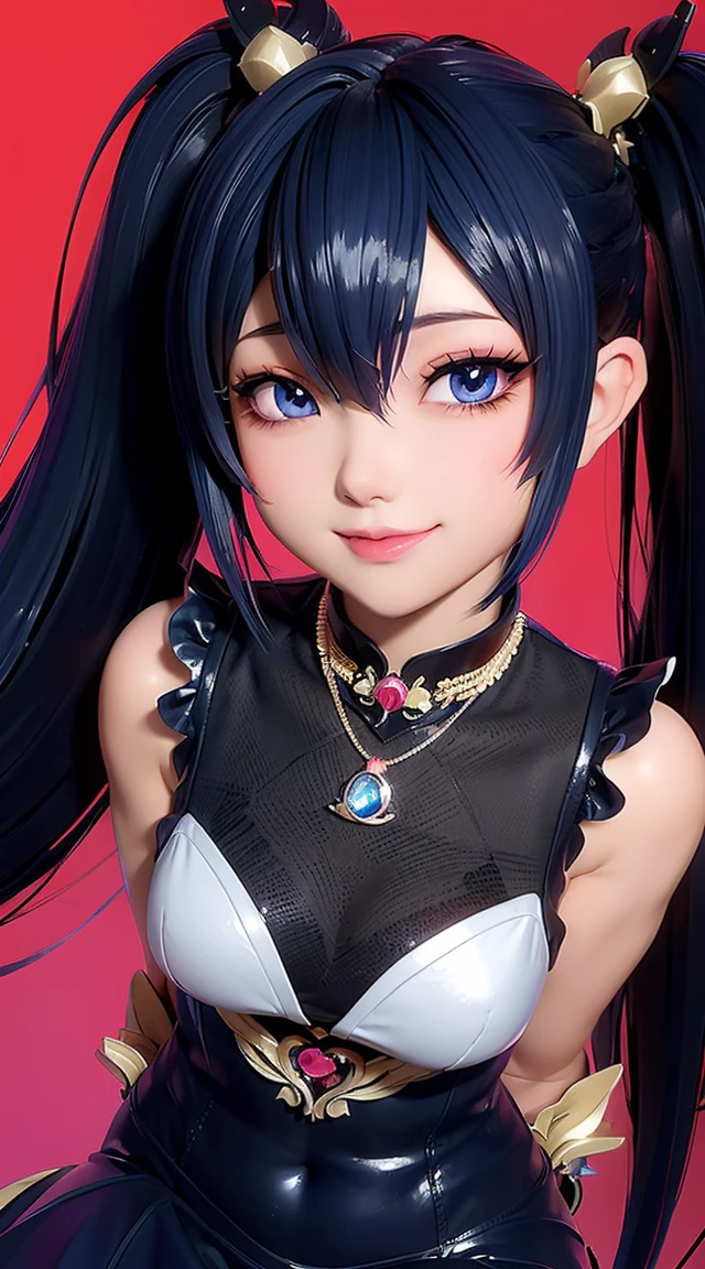  (masterpiece:1.3), (Best Quality:1.3), (Ultra-detailed:1.2), ((kawaii)), Cute, (lovely), ((sexy)), ((Extremely detailed)), 4K, (8K), Best Quality, (Beautiful), Illustration, anime style, (bold line:1.2), Gradation, looking at viewer, //, (bent down:1.1), (arms behind back), //, a cute girl, 1girl, (solo:1.2), gleaming skin, //, (flat chested), (Perfect eyes:1.2), (Perfect iris:1.2), //, darkblue hair color, (beautiful eyes) //, (half closed eyes:1.3), (sexual expression:1.2), Fascinated expression, smile, (blush:1.2), //, modern city background, on rock, twin tails, muscle girl, hard abs, exposed abs, NECKLACE, tight blouse, skirt