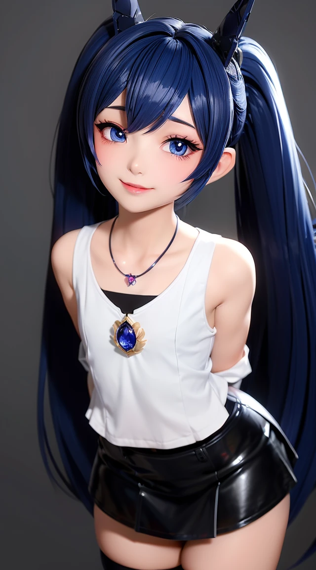  (masterpiece:1.3), (Best Quality:1.3), (Ultra-detailed:1.2), ((kawaii)), Cute, (lovely), ((sexy)), ((Extremely detailed)), 4K, (8K), Best Quality, (Beautiful), Illustration, anime style, (bold line:1.2), Gradation, looking at viewer, //, (bent down:1.1), (arms behind back), //, a cute girl, 1girl, (solo:1.2), gleaming skin, //, (flat chested), (Perfect eyes:1.2), (Perfect iris:1.2), //, darkblue hair color, (beautiful eyes) //, (half closed eyes:1.3), (sexual expression:1.2), Fascinated expression, smile, (blush:1.2), //, modern city background, on rock, twin tails, muscle girl, hard abs, exposed abs, NECKLACE, tight blouse, skirt