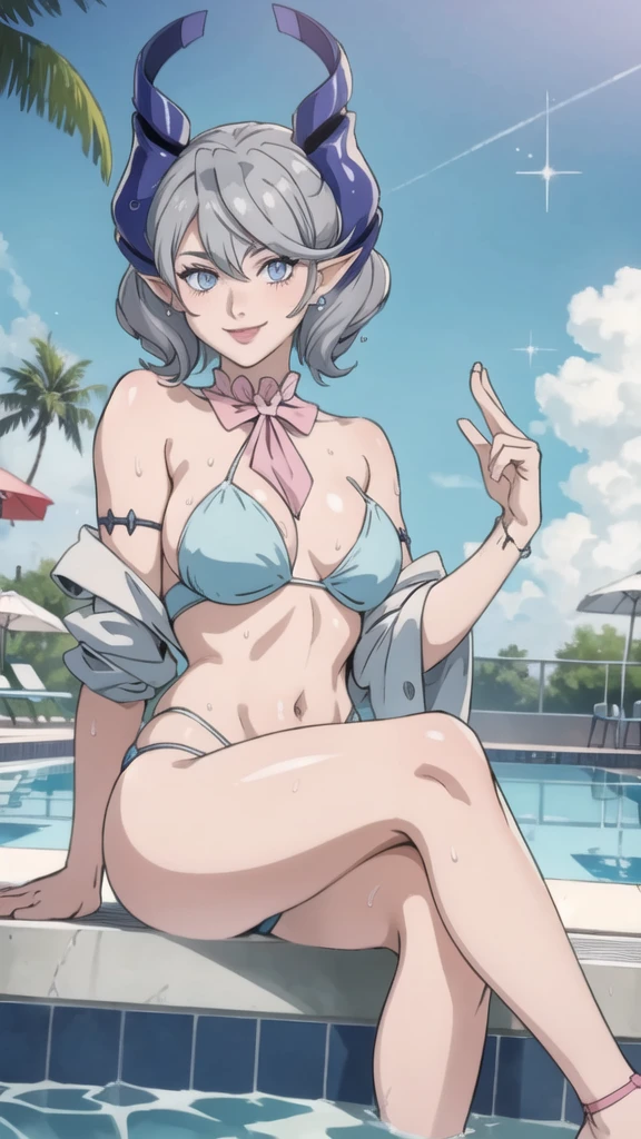 High level image quality best image quality 8K adult woman pool party rain palm trees more colors whole body view portrait bikini horn ears short hair((shortcut)(gray hair)(perm)(fluffy)) eye color is blue , , attractive evil face , smile , sexy pose , labrynth , barearm , wearing pink shirt , sitting on person by the pool , crossed legs , all wet , wet hair