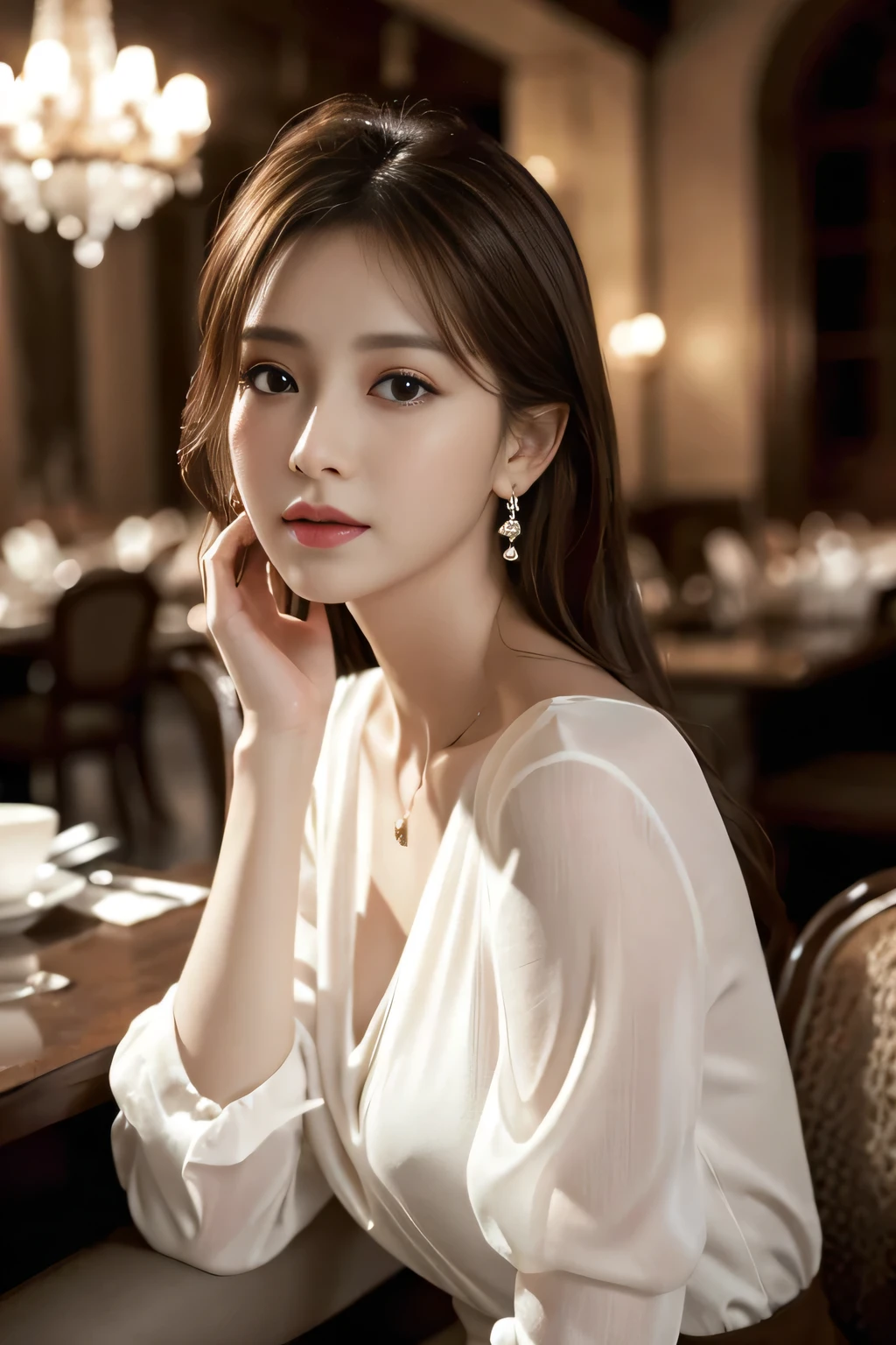 masterpiece, Highest quality, Realistic, Very detailed, Finer details, High resolution, 8k wallpaper, One beautiful woman, Wear an elegant white see-through blouse, In a great restaurant, At night, Light brown messy hair, Perfect dynamic composition, Beautiful and beautiful eyes、Big earrings、Sit on a chair、