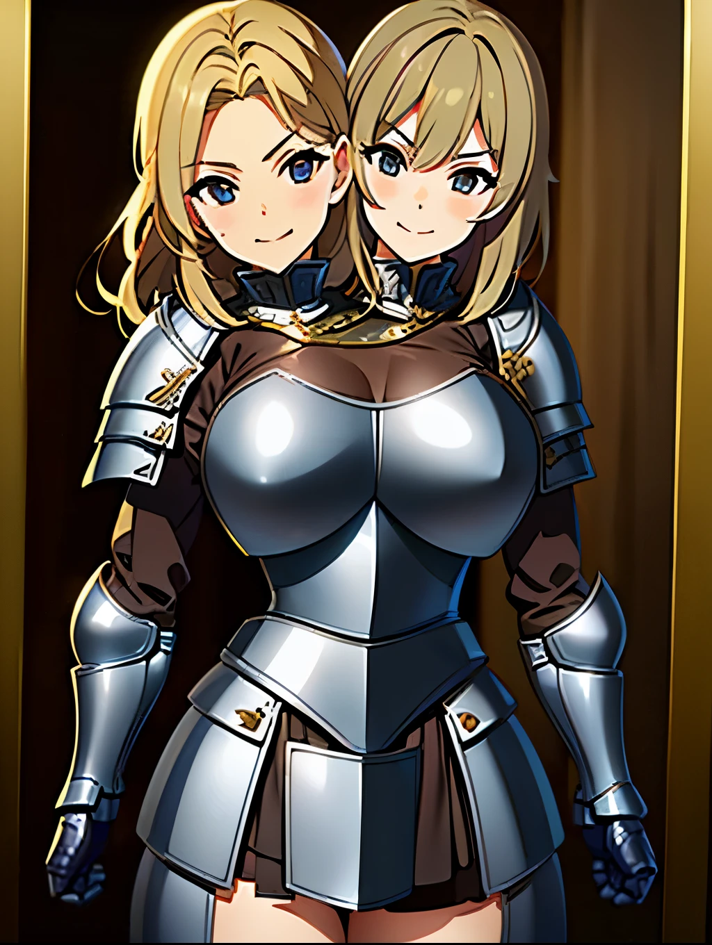 (masterpiece),(ultra-detailed), (high quality), (high resolution), (best quality:1.5, highres, UHD), highres, absurdo, ultra detail, ultra quality, (2heads:1.5), 1girl, ((golden blonde hair)), thighs, (gray armor), female warrior, (fully armored), (medieval outfit), (black eyes), armored chest piece, gorgeous female knight, Guild Clothes with Armor, Fantasyart:1.5, (1 Female Knight:1.5), Detailed and detailed depiction armor, (seductive smirk)