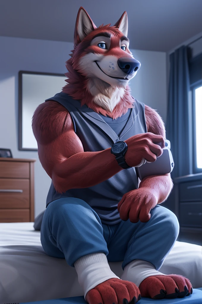 Ivan Fedorovich Wolfbach (Novosibirsk) ,tall handsome, wolf,young, 24 years, brown fur,Kind,(red body:1.3),beautiful blue eyes,Novosibirsk,dressed, house,mother, jeans,socks,canine, wolf, detailed fur, male, second, paw pads, finger claws,At the viewer, 5 fingers, paws, 5 fingers, smile, wrist watch, т nextel,by xenoforge, (difficult, high detail, digital photography, soft focus, RAW variety houseа, apartment,TV,wall,TV,Very close to the camera, variety,Novosibirsk, smile, good mood, positive, Very close to the camera,
Photorealism, realistic, photorealistic, digital style, Subsurface scattering,I look at the viewer,is sitting, looks at the mirror, men's cosmetics, perfume smells,
masterpiece, Best quality, ultra realistic, 8 thousand.)