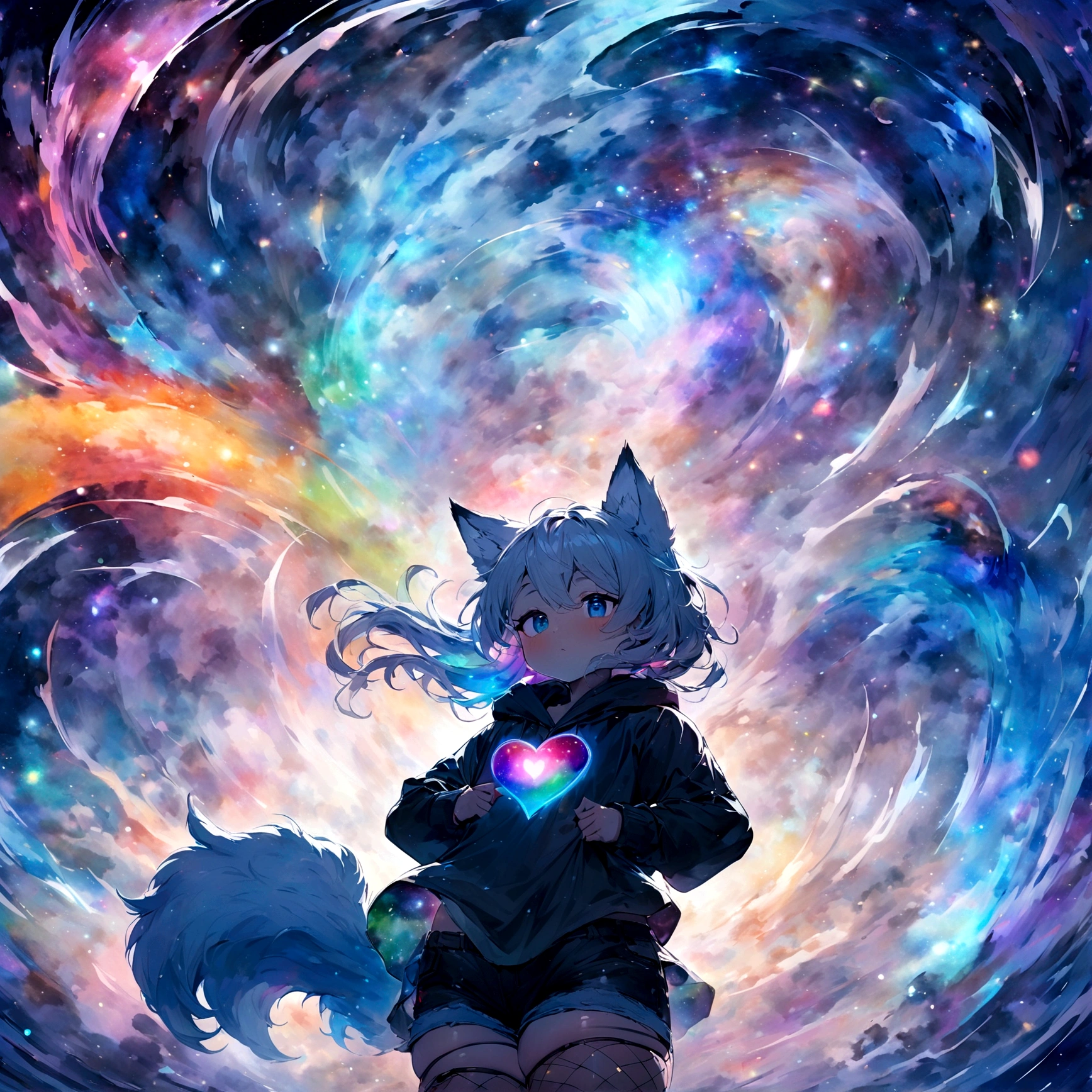 a cute adult male with wolf ears, long white hair, long locks, has a wolf tail, wearing a loose cropped black hoodie, wearing a pair of denim short shorts and fishnet stockings, thick thighs, wide hips, relaxing on mound of fluffy multi colored kawaii plushies, short, very slim, showing slender tummy, heart on hoodie, squishy thighs, has glowing blue eyes. alone, solo (ALONE)(SOLO), surrounded by rainbows, colorful galaxy backround