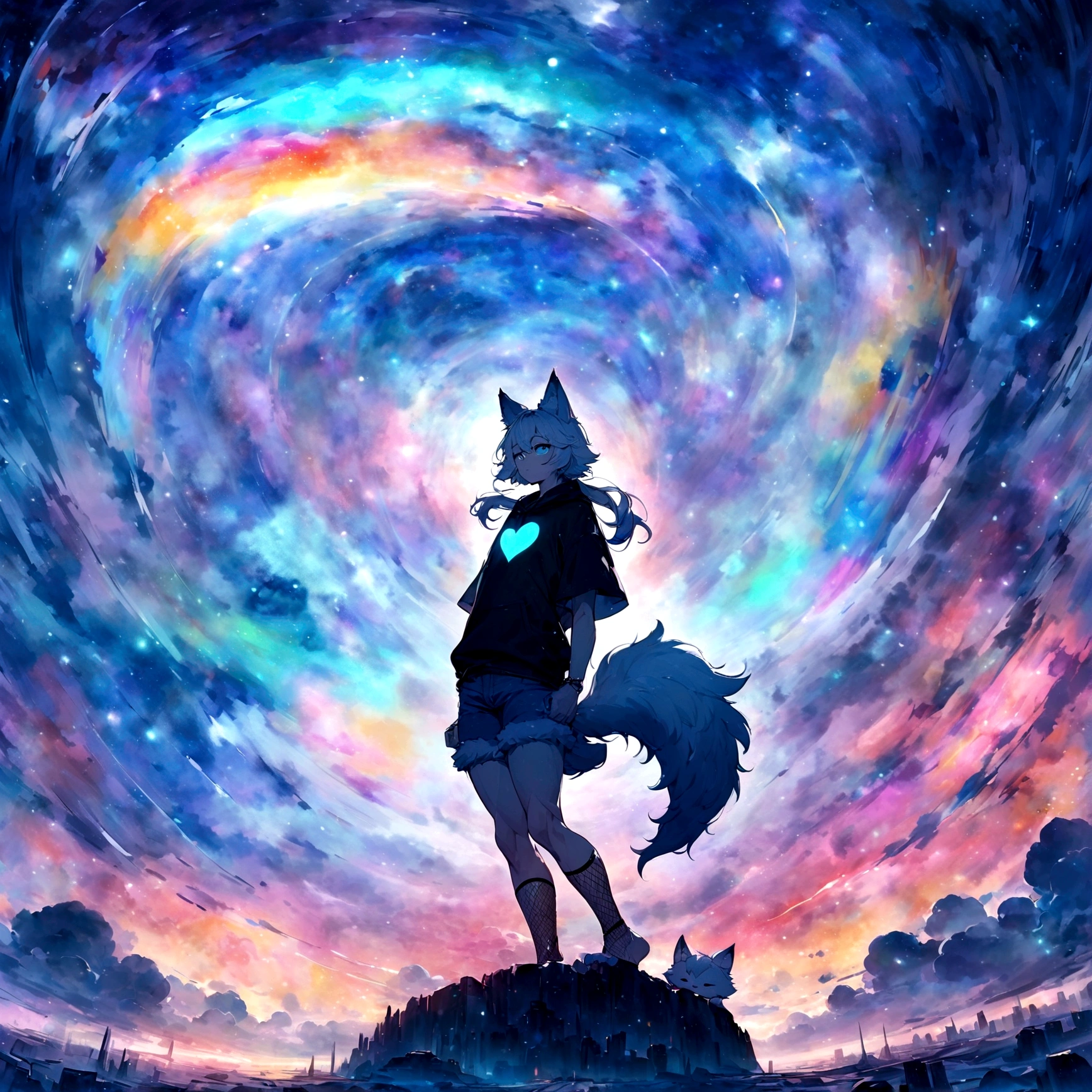 a cute adult male with wolf ears, long white hair, long locks, has a wolf tail, wearing a loose cropped black hoodie, wearing a pair of denim short shorts and fishnet stockings, thick thighs, wide hips, relaxing on mound of fluffy multi colored kawaii plushies, short, very slim, showing slender tummy, heart on hoodie, squishy thighs, has glowing blue eyes. alone, solo (ALONE)(SOLO), surrounded by rainbows, colorful galaxy backround