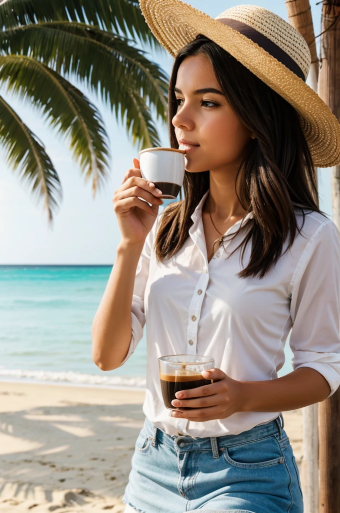 A girl drinking coffee in front of beach