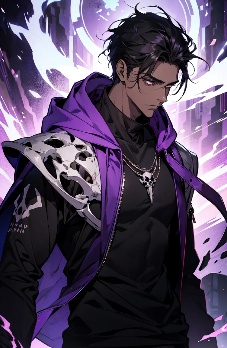 male with bones, looking away from camera, skulls, bones, handsome, black, dark skin, tall, broad shoulders, black hair, purple, purple fire, magic, detailed face, fantasy, hoodie