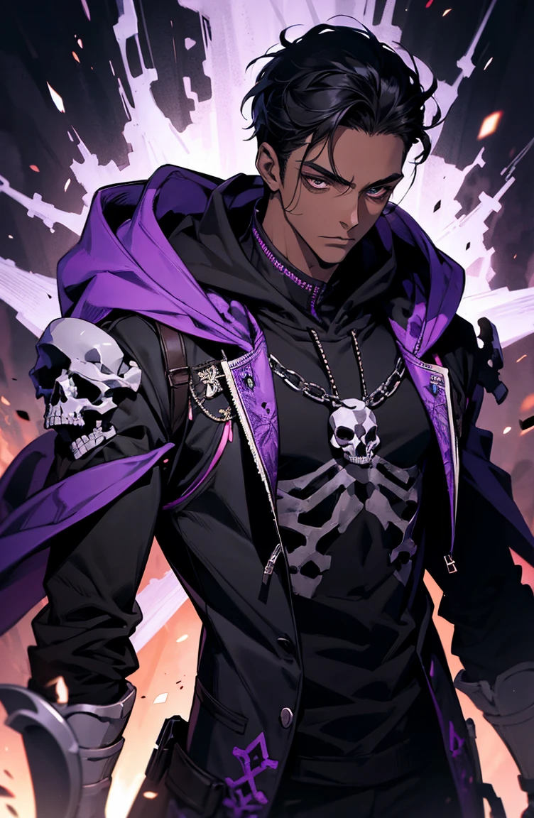male with bones, looking away from camera, skulls, bones, handsome, black, dark skin, tall, broad shoulders, black hair, purple, purple fire, magic, detailed face, fantasy, hoodie