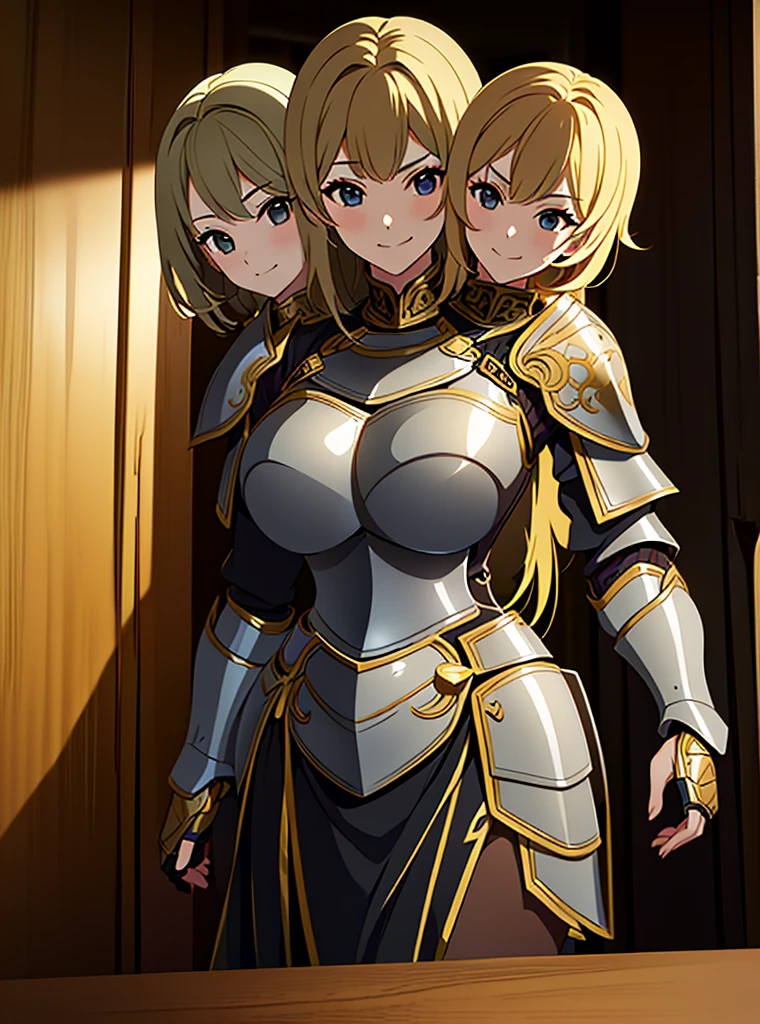 (masterpiece),(ultra-detailed), (high quality), (high resolution), (best quality:1.5, highres, UHD), highres, absurdo, ultra detail, ultra quality, (2heads:1.5), 1girl, ((golden blonde hair)), thighs, (gray armor), female warrior, (fully armored), (medieval outfit), (black eyes), armored chest piece, gorgeous female knight, Guild Clothes with Armor, Fantasyart:1.5, (1 Female Knight:1.5), Detailed and detailed depiction armor, (seductive smirk)
