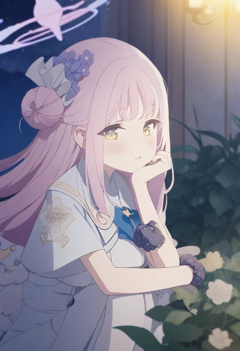 1girl, mika \(blue archive\), solo, scrunchie, wings, pink hair, wrist scrunchie, looking at viewer, flower, dress, hair ornament, long hair, head rest, yellow eyes, white dress, night, sleeveless, white pantyhose, hair bun, sleeveless dress, single side bun, hair flower, sitting, window, white wings, halo, blush, bangs, crescent, low wings, frilled dress, potted plant, indoors, angel wings, star \(sky\), sky, frills, night sky, pantyhose, blurry background, very aesthetic, absurdres