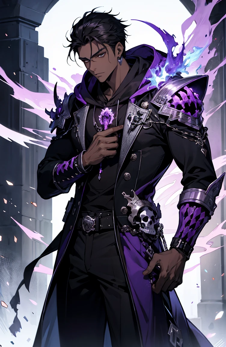 male with bones, looking away from camera, skulls, bones, handsome, black, dark skin, tall, broad shoulders, black hair, purple, purple fire, magic, detailed face, fantasy, hoodie