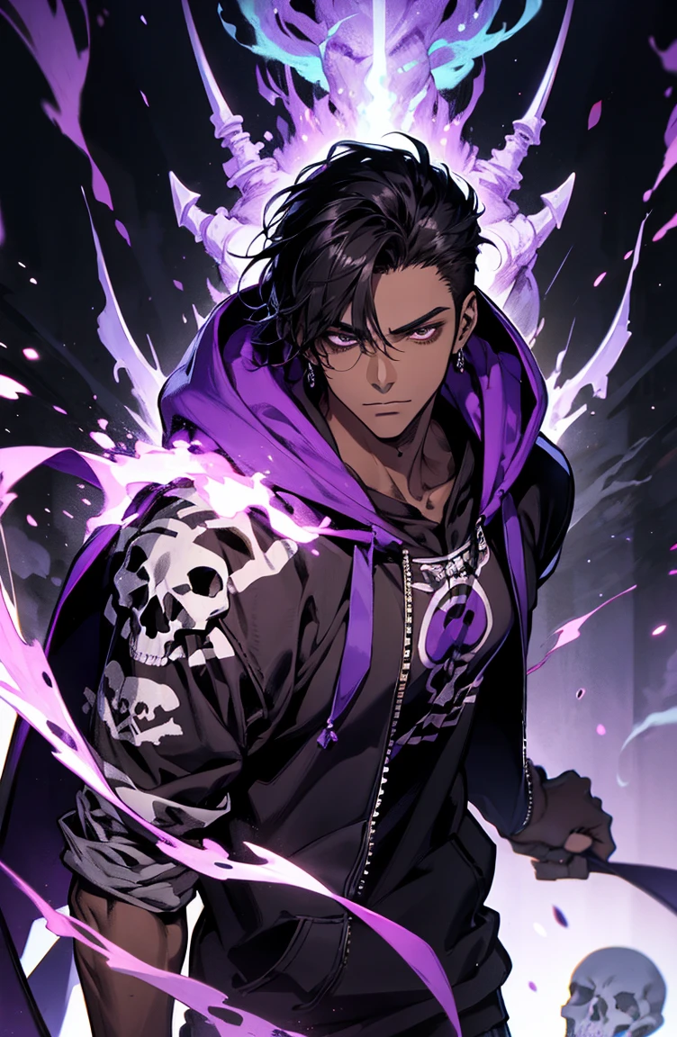 male with bones, looking away from camera, skulls, bones, handsome, black, dark skin, tall, broad shoulders, black hair, purple, purple fire, magic, detailed face, fantasy, hoodie
