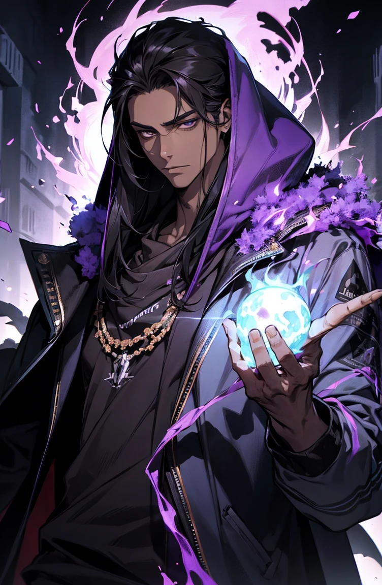 male with bones, looking away from camera, skulls, bones, handsome, black, dark skin, tall, broad shoulders, black hair, purple, purple fire, magic, detailed face, fantasy, hoodie
