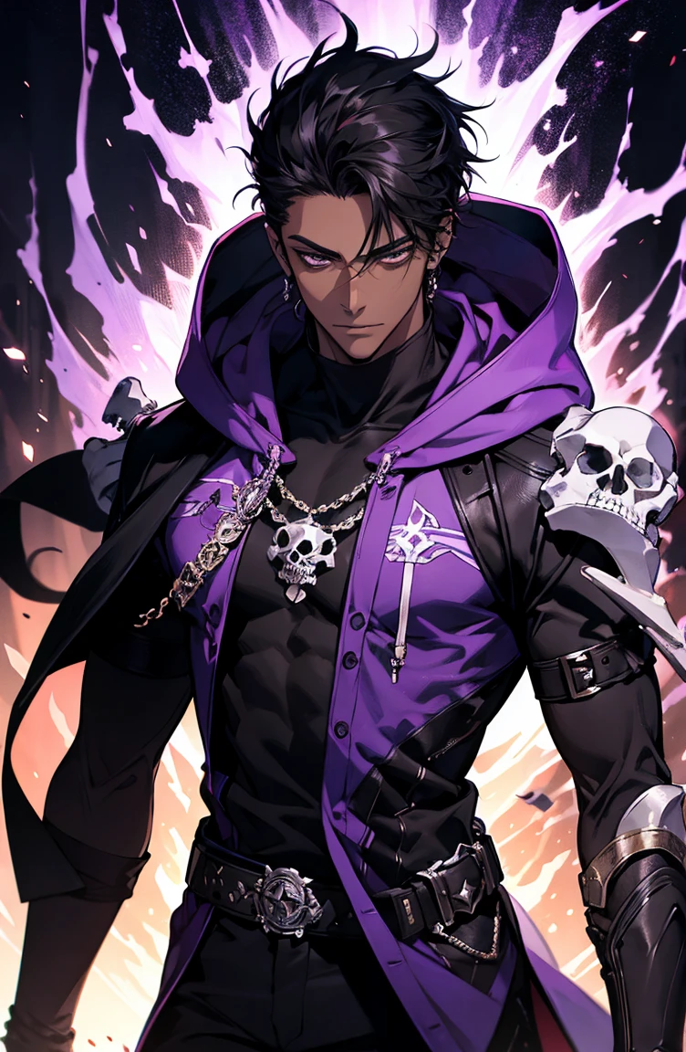 male with bones, looking away from camera, skulls, bones, handsome, black, dark skin, tall, broad shoulders, black hair, purple, purple fire, magic, detailed face, fantasy, hoodie
