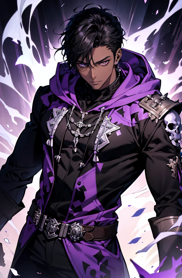 male with bones, looking away from camera, skulls, bones, handsome, black, dark skin, tall, broad shoulders, black hair, purple, purple fire, magic, detailed face, fantasy, hoodie
