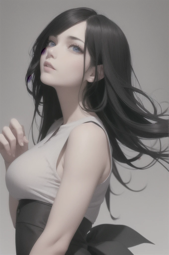 best quality, masterpiece,Black hair, blue eyes, looking up, upper body