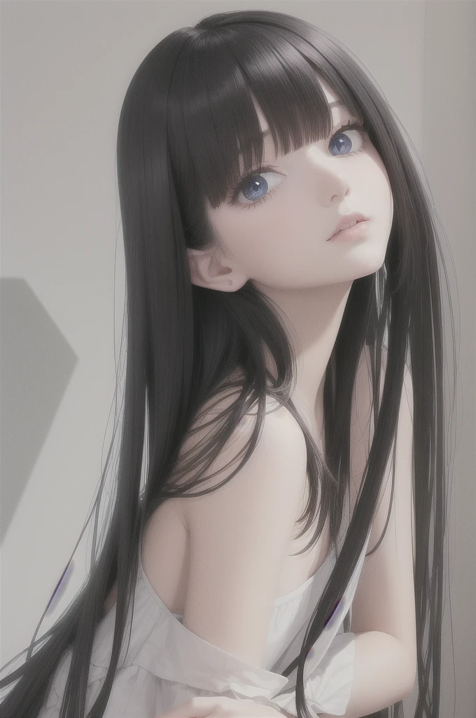 best quality, masterpiece,Black hair, blue eyes, looking up, upper body