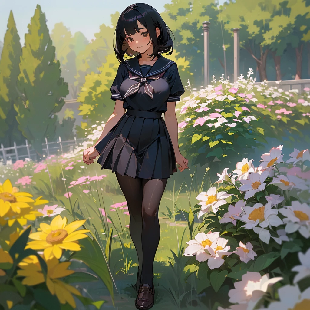 (Highest quality, High resolution, Super detailed, Realistic:1.37), Peaceful atmosphere, (Outdoor, garden), Teenage girl standing alone,(my breasts are big.),Beautifully detailed features, Cute Smile, ((Black bob hair)),Short-sleeved sailor uniform, Pleated skirt,Black tights,Brown leather shoes.