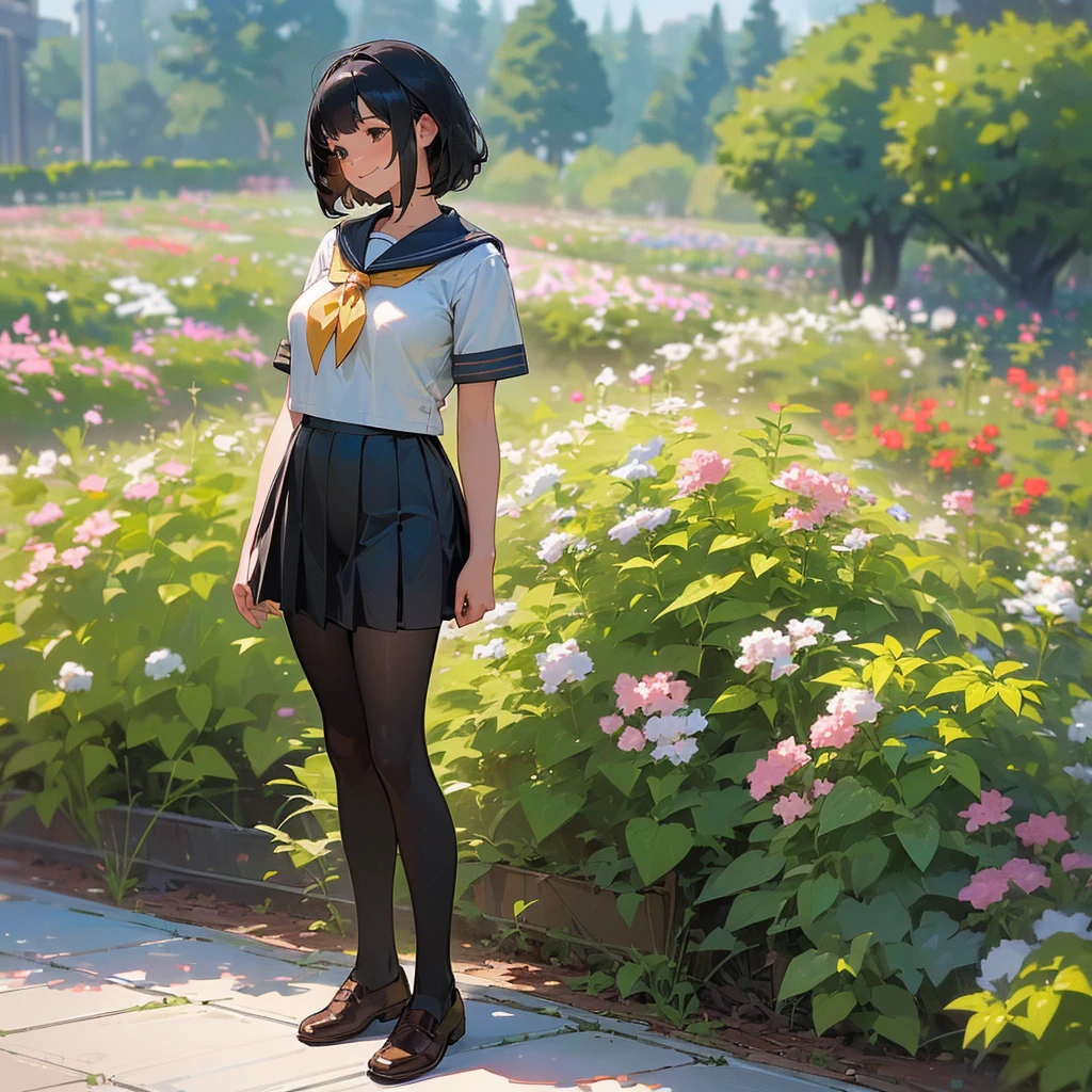 (Highest quality, High resolution, Super detailed, Realistic:1.37), Peaceful atmosphere, (Outdoor, garden), Teenage girl standing alone,(my breasts are big.),Beautifully detailed features, Cute Smile, ((Black bob hair)),Short-sleeved sailor uniform, Pleated skirt,Black tights,Brown leather shoes.